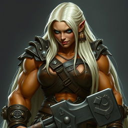 A towering orc paladin with a very muscular build and terracotta-colored skin