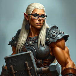 A towering orc paladin with a very muscular build and terracotta-colored skin