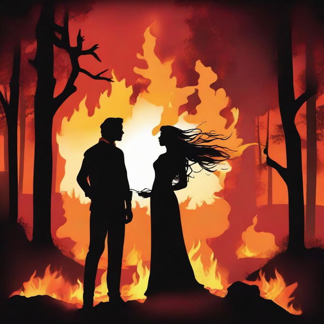 This is a captivating digital art image featuring the silhouettes of a male and a female against the backdrop of a roaring bonfire