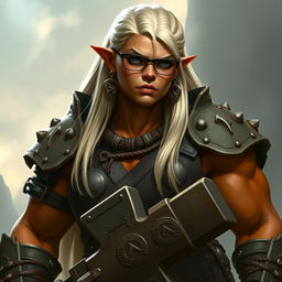 A towering orc paladin with a very muscular build and terracotta-colored skin