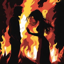 This is a captivating digital art image featuring the silhouettes of a male and a female against the backdrop of a roaring bonfire