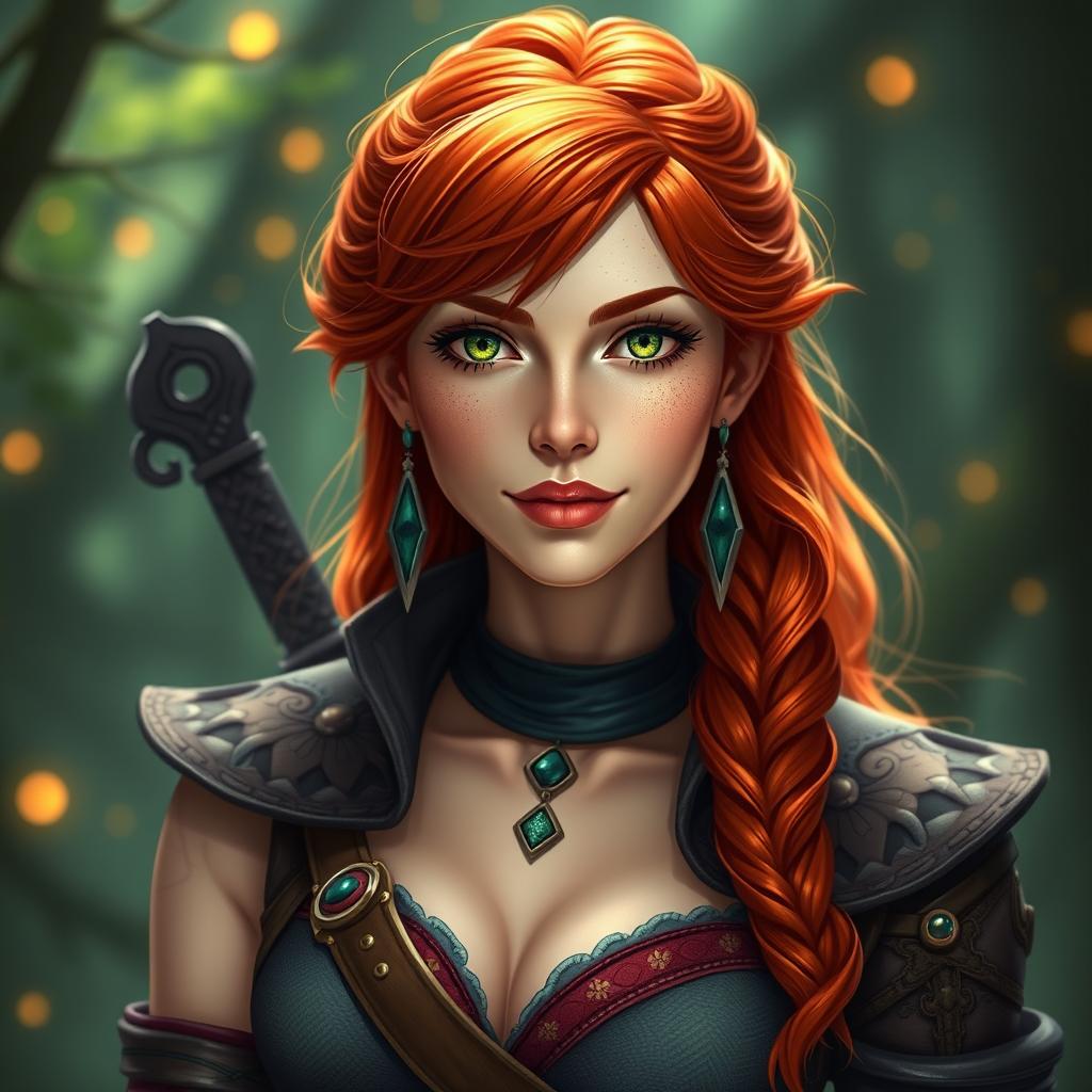 A stunning portrait of Triss Merigold, the enchanting character from the Witcher series, showcasing her signature red hair and vibrant green eyes