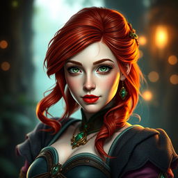 A stunning portrait of Triss Merigold, the enchanting character from the Witcher series, showcasing her signature red hair and vibrant green eyes
