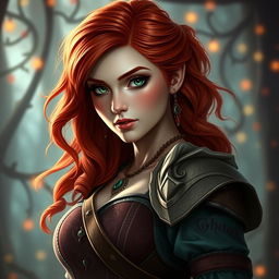 A stunning portrait of Triss Merigold, the enchanting character from the Witcher series, showcasing her signature red hair and vibrant green eyes