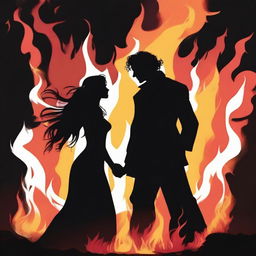 This is a captivating digital art image featuring the silhouettes of a male and a female against the backdrop of a roaring bonfire