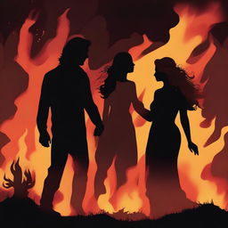 This is a captivating digital art image featuring the silhouettes of a male and a female against the backdrop of a roaring bonfire