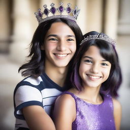 A realistic, high-quality photograph of a 14-year-old British girl with shoulder-length black hair highlighted by a purple stripe