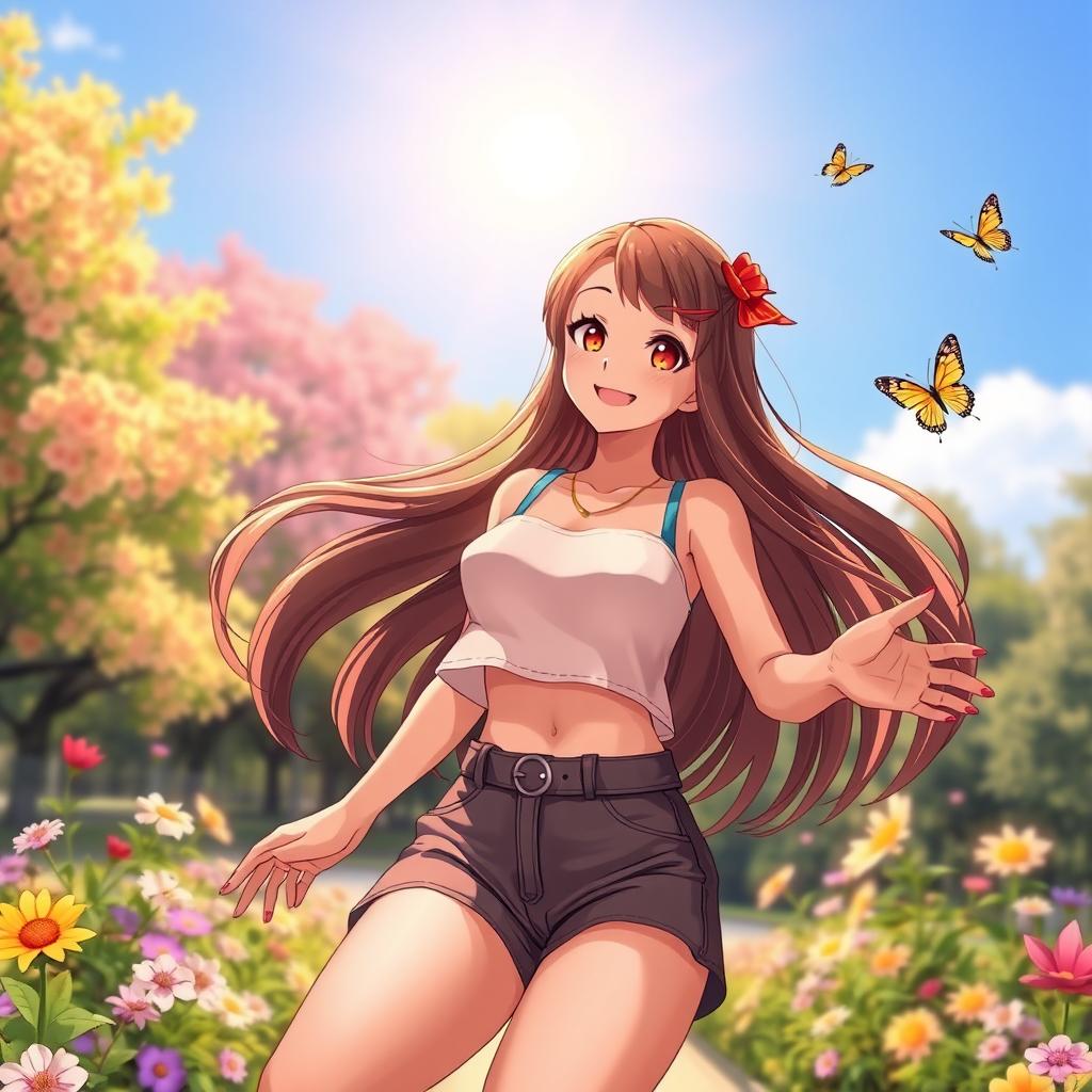 A vibrant and cheerful scene featuring a young female character with long, flowing brown hair and painted nails, wearing a stylish outfit consisting of a crop top and high-waisted shorts