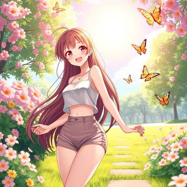 A vibrant and cheerful scene featuring a young female character with long, flowing brown hair and painted nails, wearing a stylish outfit consisting of a crop top and high-waisted shorts