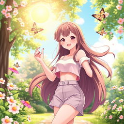 A vibrant and cheerful scene featuring a young female character with long, flowing brown hair and painted nails, wearing a stylish outfit consisting of a crop top and high-waisted shorts