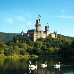 A majestic view of an ancient castle perched on a hilltop, surrounded by lush green forests and a clear blue sky
