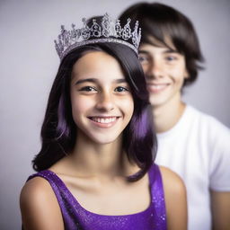 A realistic, high-quality photograph of a 14-year-old British girl with shoulder-length black hair highlighted by a purple stripe