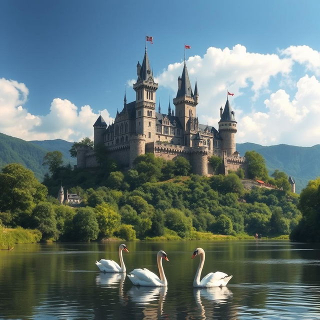 A majestic view of an ancient castle perched on a hilltop, surrounded by lush green forests and a clear blue sky
