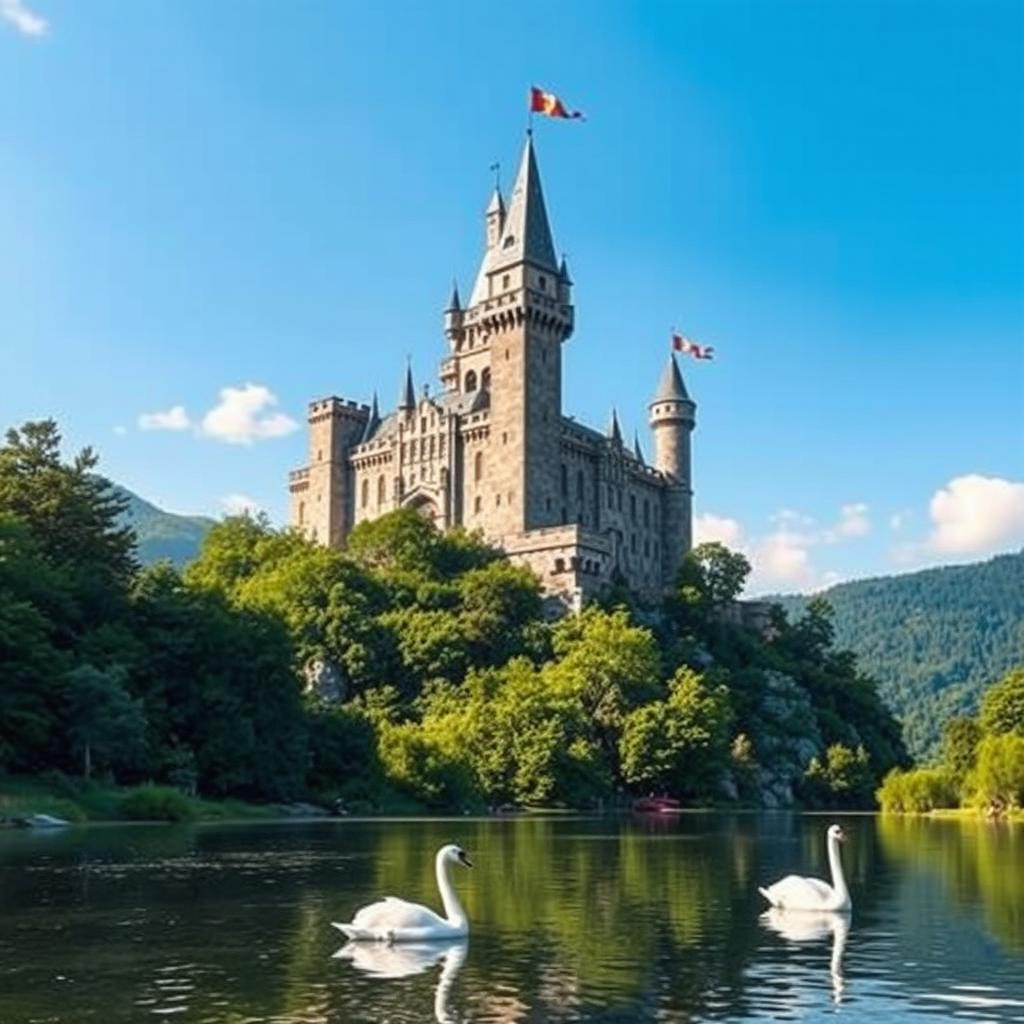 A majestic view of an ancient castle perched on a hilltop, surrounded by lush green forests and a clear blue sky