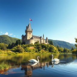 A majestic view of an ancient castle perched on a hilltop, surrounded by lush green forests and a clear blue sky