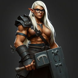 A tall orc paladin with an extremely muscular physique and terracotta-colored skin