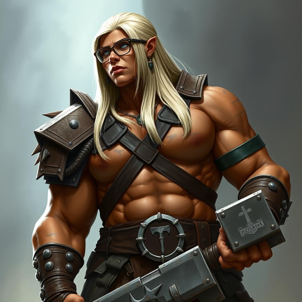 A tall orc paladin with an extremely muscular physique and terracotta-colored skin