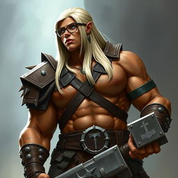 A tall orc paladin with an extremely muscular physique and terracotta-colored skin