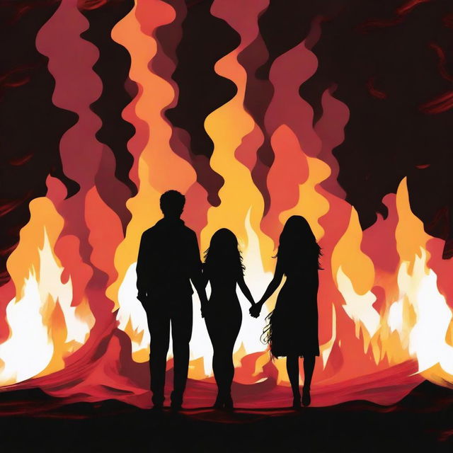 This digital art image features a male and female figure holding hands, silhouetted against the backdrop of a dynamic bonfire