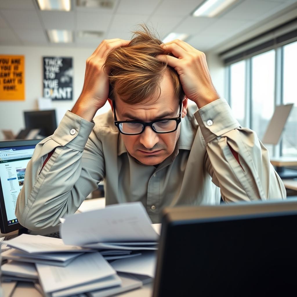 A frustrated office employee sitting at a cluttered desk, surrounded by paperwork and a computer displaying multiple tabs open, looking stressed and overwhelmed