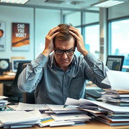 A frustrated office employee sitting at a cluttered desk, surrounded by paperwork and a computer displaying multiple tabs open, looking stressed and overwhelmed