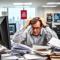 A frustrated office employee sitting at a cluttered desk, surrounded by paperwork and a computer displaying multiple tabs open, looking stressed and overwhelmed
