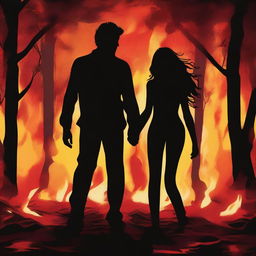 This digital art image features a male and female figure holding hands, silhouetted against the backdrop of a dynamic bonfire