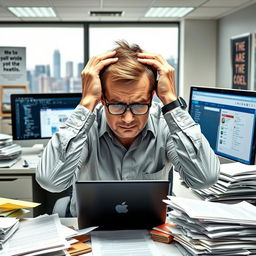 A frustrated office employee sitting at a cluttered desk, surrounded by paperwork and a computer displaying multiple tabs open, looking stressed and overwhelmed