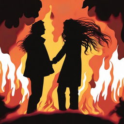 This digital art image features a male and female figure holding hands, silhouetted against the backdrop of a dynamic bonfire