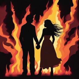 This digital art image features a male and female figure holding hands, silhouetted against the backdrop of a dynamic bonfire