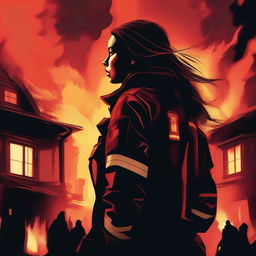 A high-quality digital art image featuring a woman with long hair, donned in a firefighter uniform