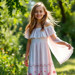 A girl wearing a stylish bohemian maxi dress with floral patterns, featuring off-shoulder sleeves and a flowing, airy silhouette