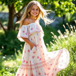 A girl wearing a stylish bohemian maxi dress with floral patterns, featuring off-shoulder sleeves and a flowing, airy silhouette