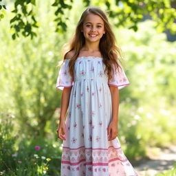 A girl wearing a stylish bohemian maxi dress with floral patterns, featuring off-shoulder sleeves and a flowing, airy silhouette