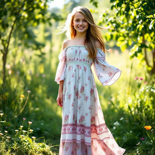 A girl wearing a stylish bohemian maxi dress with floral patterns, featuring off-shoulder sleeves and a flowing, airy silhouette