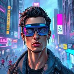 A futuristic cyberpunk cityscape featuring neon lights, towering skyscrapers, and bustling streets filled with diverse crowds