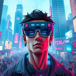 A futuristic cyberpunk cityscape featuring neon lights, towering skyscrapers, and bustling streets filled with diverse crowds