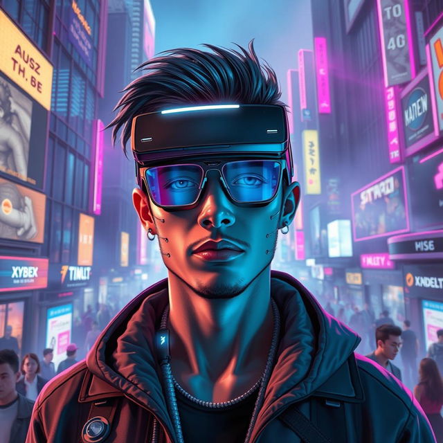 A futuristic cyberpunk cityscape featuring neon lights, towering skyscrapers, and bustling streets filled with diverse crowds