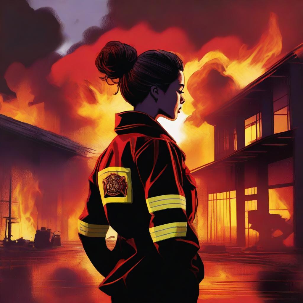 A high-quality digital art representation of a woman, her hair neatly tied in a bun, outfitted in a firefighter uniform