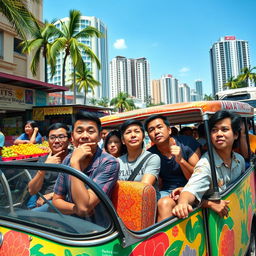 A bustling street scene featuring a colorful jeepney filled with people looking perplexed and lost, glancing around as they question their destination