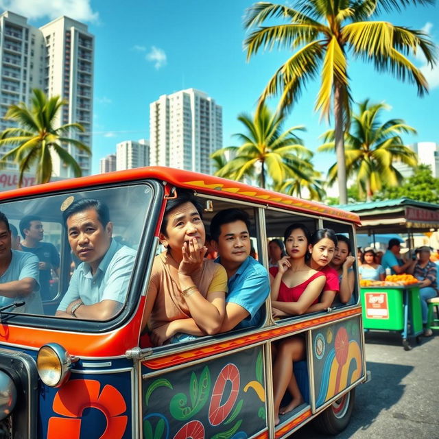 A bustling street scene featuring a colorful jeepney filled with people looking perplexed and lost, glancing around as they question their destination