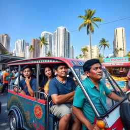 A bustling street scene featuring a colorful jeepney filled with people looking perplexed and lost, glancing around as they question their destination