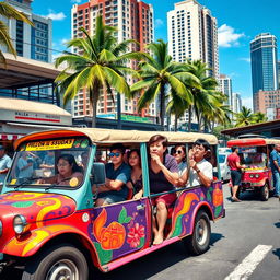 A bustling street scene featuring a colorful jeepney filled with people looking perplexed and lost, glancing around as they question their destination