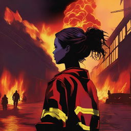 A high-quality digital art representation of a woman, her hair neatly tied in a bun, outfitted in a firefighter uniform