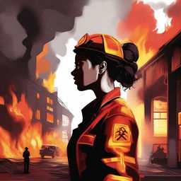 A high-quality digital art representation of a woman, her hair neatly tied in a bun, outfitted in a firefighter uniform