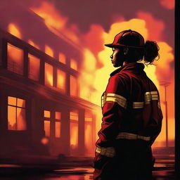 A high-quality digital art representation of a woman, her hair neatly tied in a bun, outfitted in a firefighter uniform