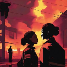 A high-quality digital art image showcasing a woman with her hair in a bun, dressed in a firefighter uniform, silhouetted against a burning warehouse