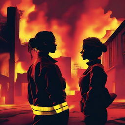 A high-quality digital art image showcasing a woman with her hair in a bun, dressed in a firefighter uniform, silhouetted against a burning warehouse