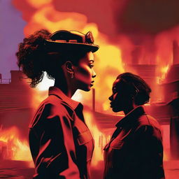 A high-quality digital art image showcasing a woman with her hair in a bun, dressed in a firefighter uniform, silhouetted against a burning warehouse