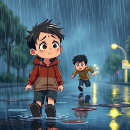 An animated scene depicting a heartfelt moment where a boy is seen walking through a heavy rainstorm, tears streaming down his face, his expression a mix of sadness and determination